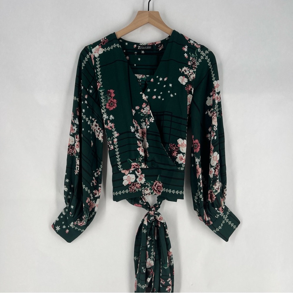 New York & Company Floral Green Full Sleeve Tie Waist Faux Wrap Top Size S